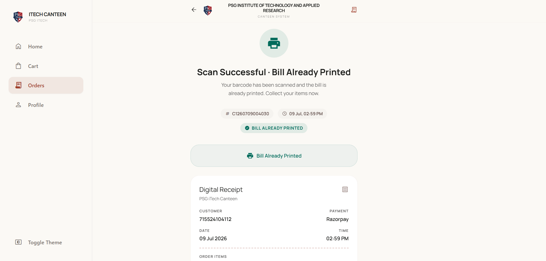 Order confirmed receipt screen