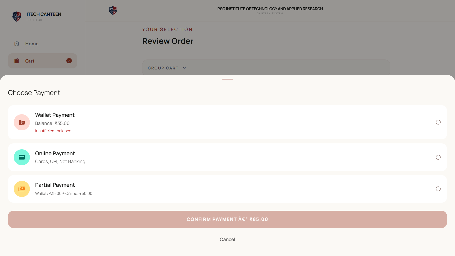 Payment options sheet