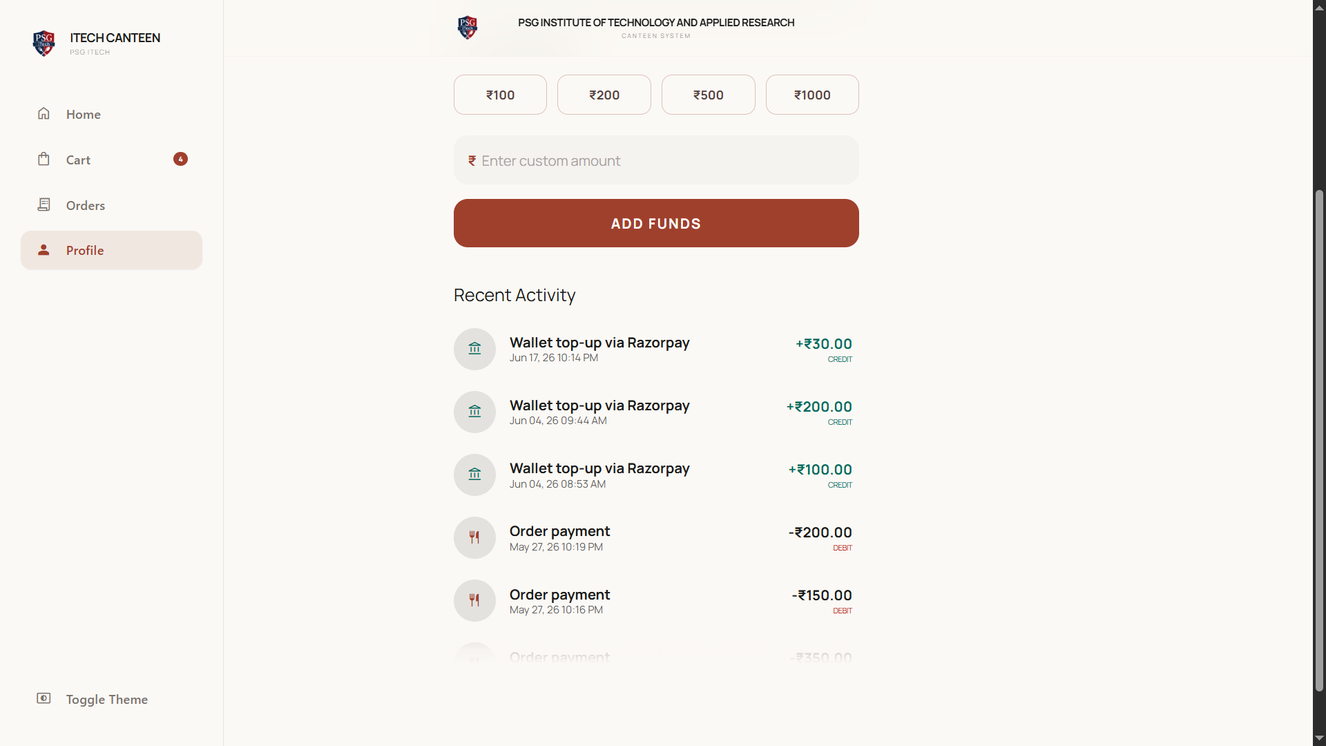 Wallet transaction history
