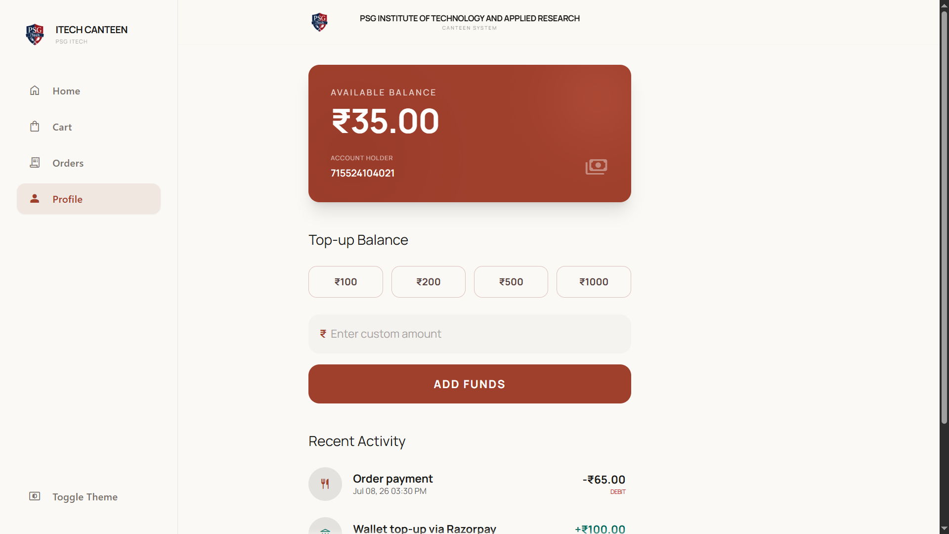 Wallet top-up screen